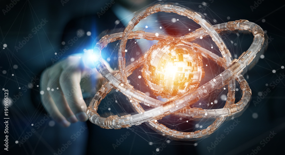 Businessman using futuristic torus textured object 3D rendering