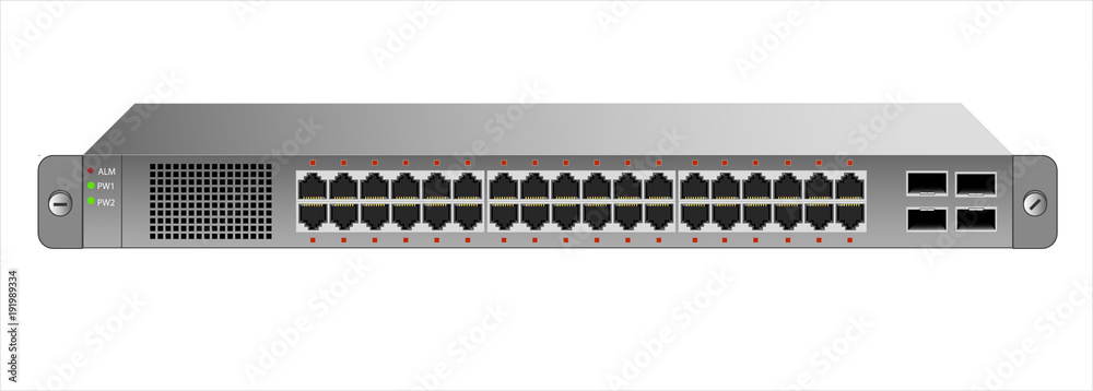 The Ethernet 1U switch for mounting with a 19-inch rack with 28 ports, including four backbones. Vec