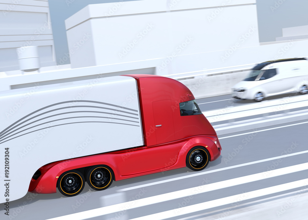 Side view of metallic red self-driving electric semi trucks and minivan on highway. 3D rendering ima