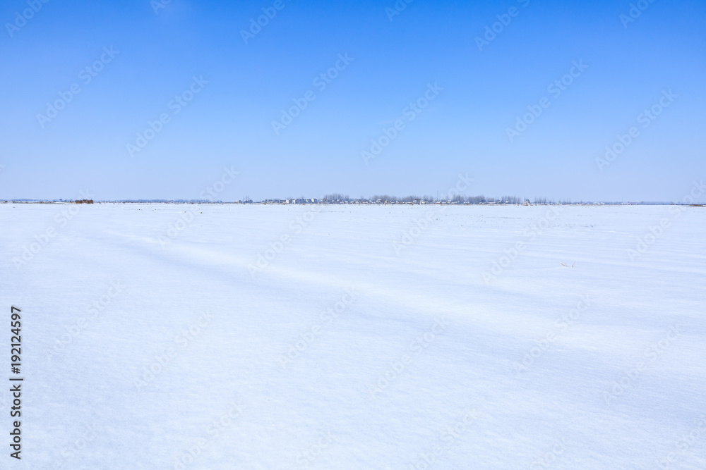 蓝天下的乡村农田白雪