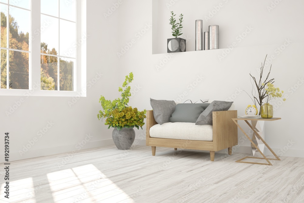 Inspiration of white minimalist room with armchair. Scandinavian interior design. 3D illustration