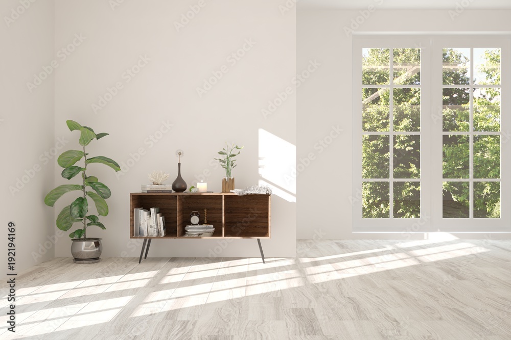 White empty room with shelf and summer landscape in window. Scandinavian interior design. 3D illustr