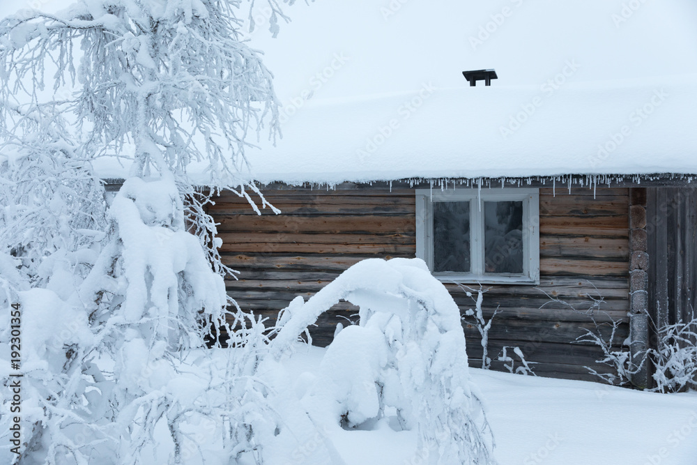 雪地森林里的小传统木屋。