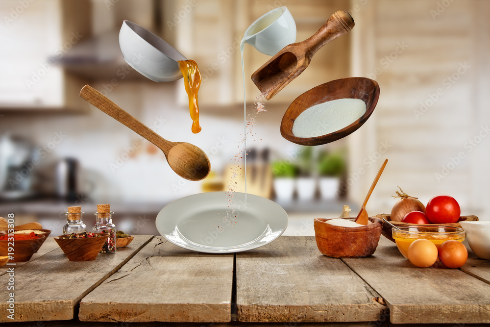 Flying food ingredients ready for cooking.