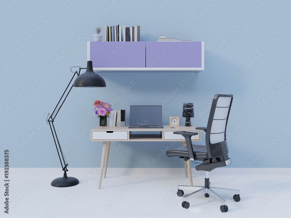 Working room have table with empty in office,blue wall background, 3d rendering
