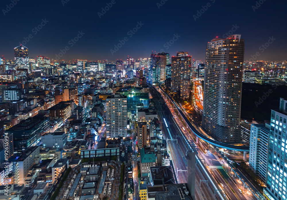 Aerial view of the cityscape of Minato, Tokyo, Japan at night