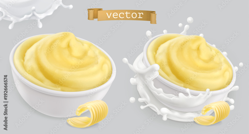 Instant mashed potatoes, with butter and milk. 3d vector icon set