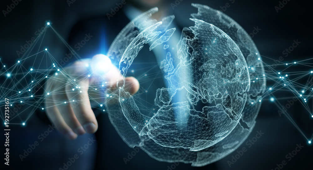 Businessman using planet earth network sphere 3D rendering