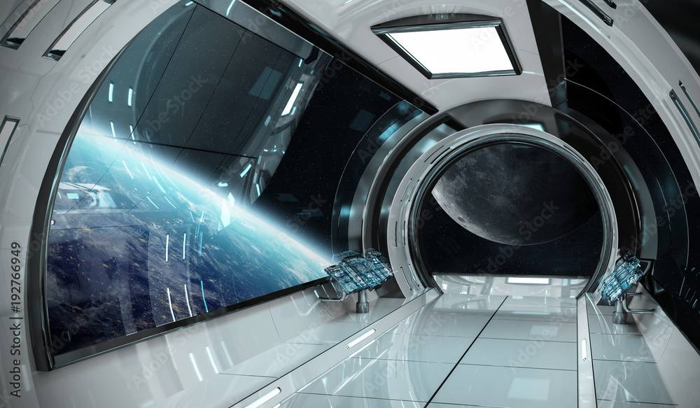 Spaceship interior with view on Earth 3D rendering elements of this image furnished by NASA