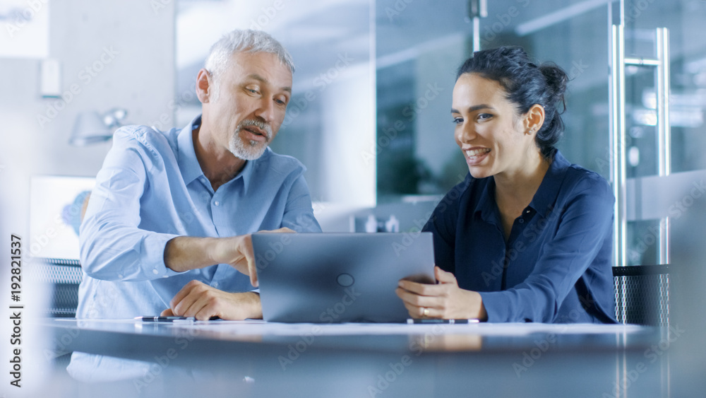 Experienced Male and Female Office Workers Discuss ongoing Project while Working on a Laptop.