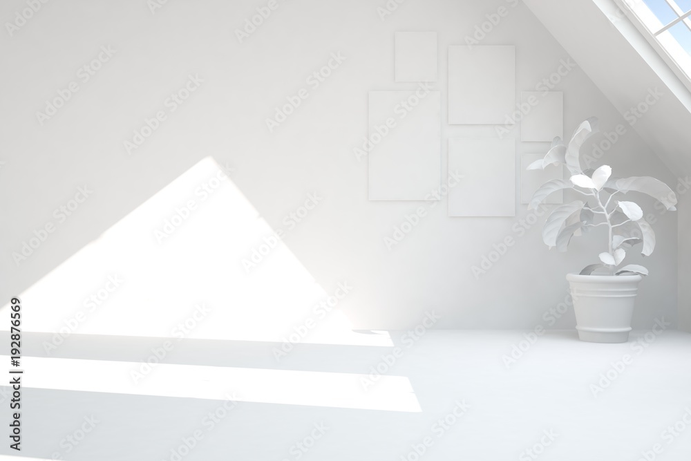 White empty room. Scandinavian interior design. 3D illustration