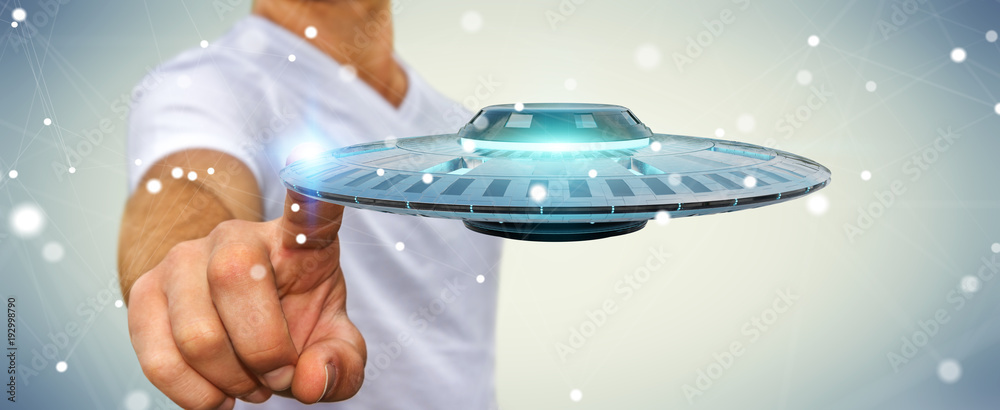 Businessman with retro UFO spaceship 3D rendering