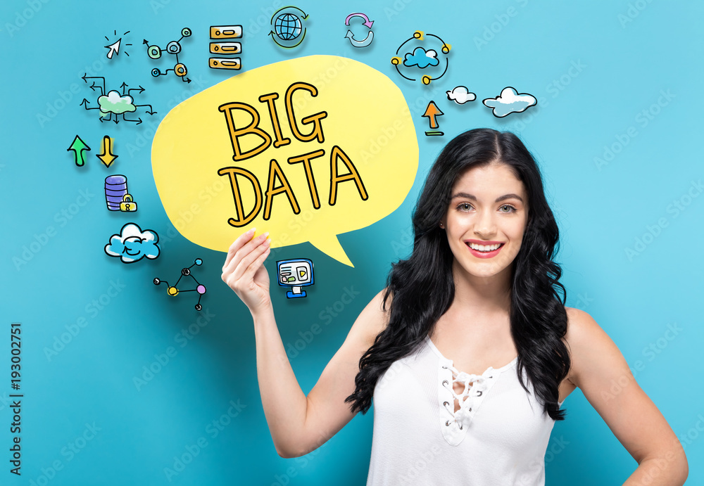 Big Data with young woman holding a speech bubble