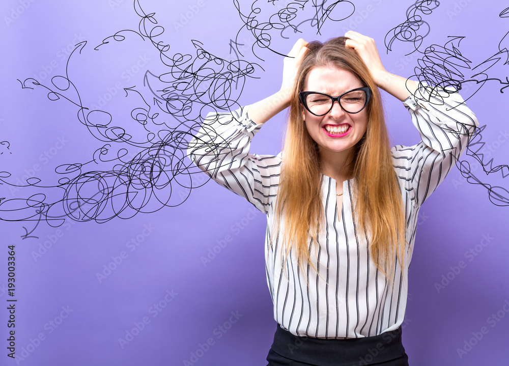 Confused young business woman feeling stressed on a purple background