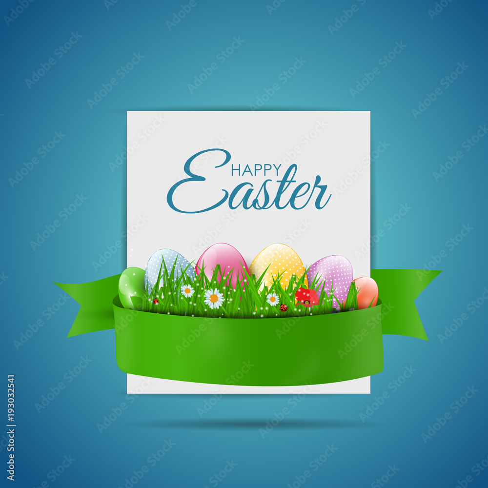 Happy Easter Natural Background with Eggs, grass, flower and white blank for sample text. Vector Ill