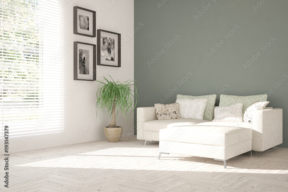 Idea of white minimalist room with sofa. Scandinavian interior design. 3D illustration