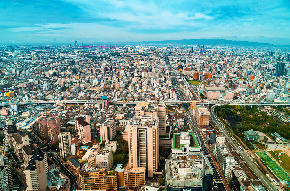 早晨的大阪城市景观鸟瞰图