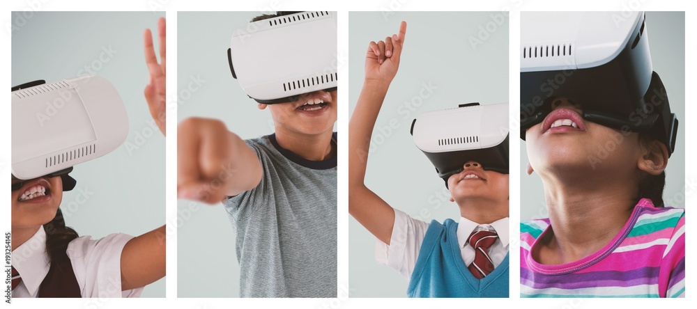 School girl gesturing while wearing VR headset