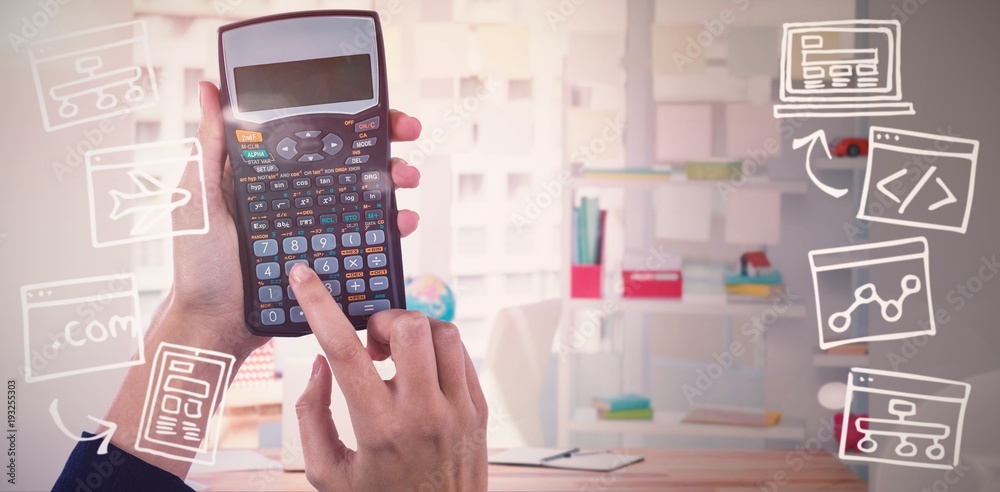 Composite image of hands of businesswoman using calculator