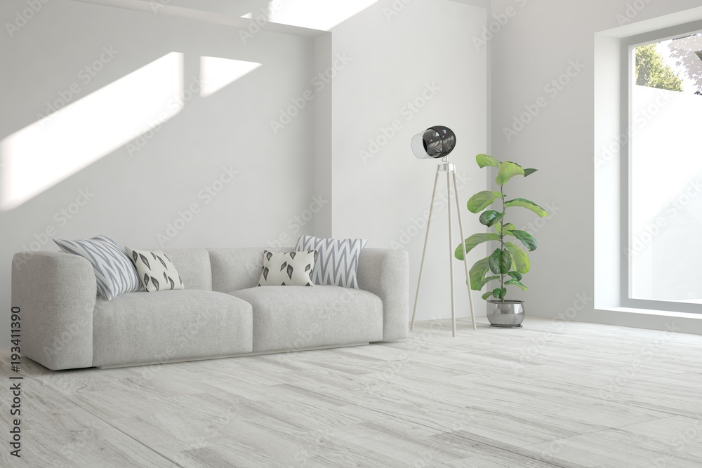 Idea of white minimalist room with sofa. Scandinavian interior design. 3D illustration