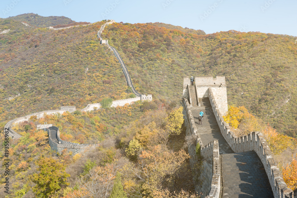 China The great wall distant view compressed towers and wall segments autumn season in mountains nea