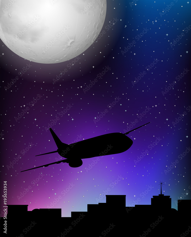 Silhouette scene with airplane flying at night