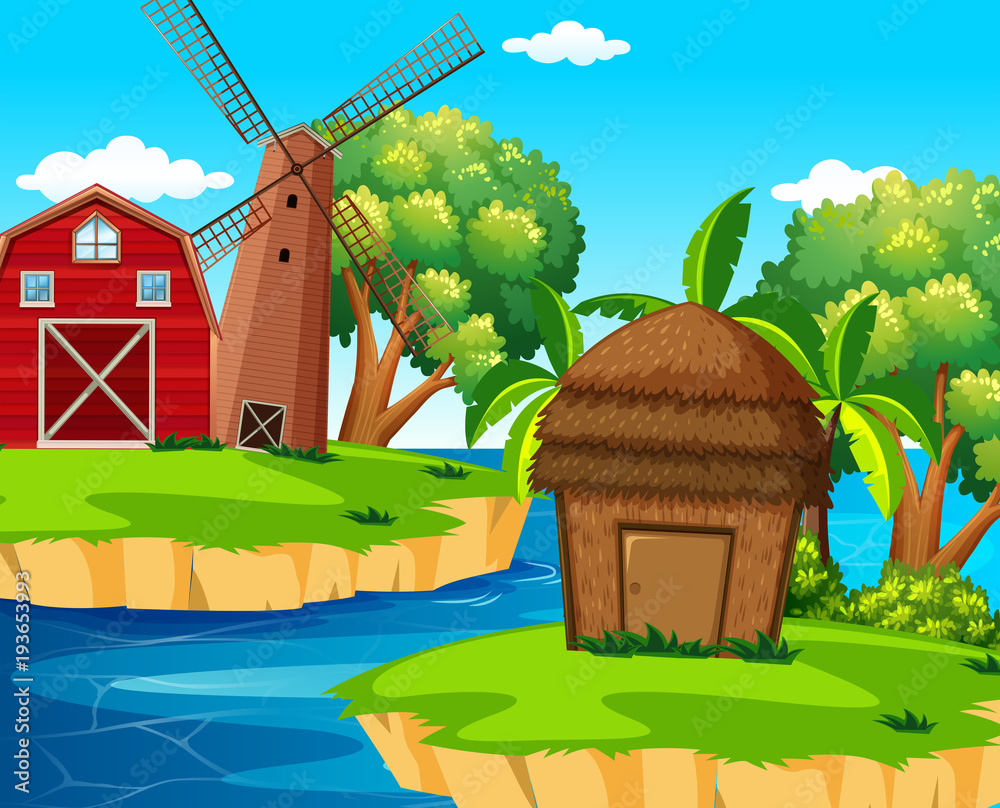 Background scene with barn and windmill on island