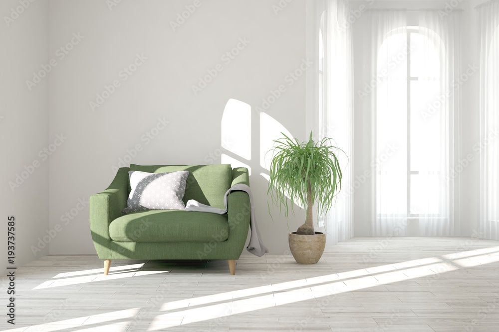 Inspiration of white minimalist room with armchair. Scandinavian interior design. 3D illustration