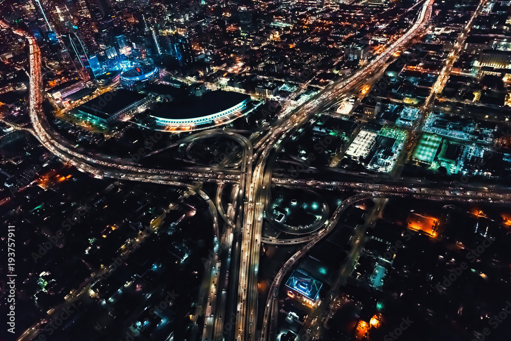 Aerial view of a massive highway in Los Angeles, CA at night