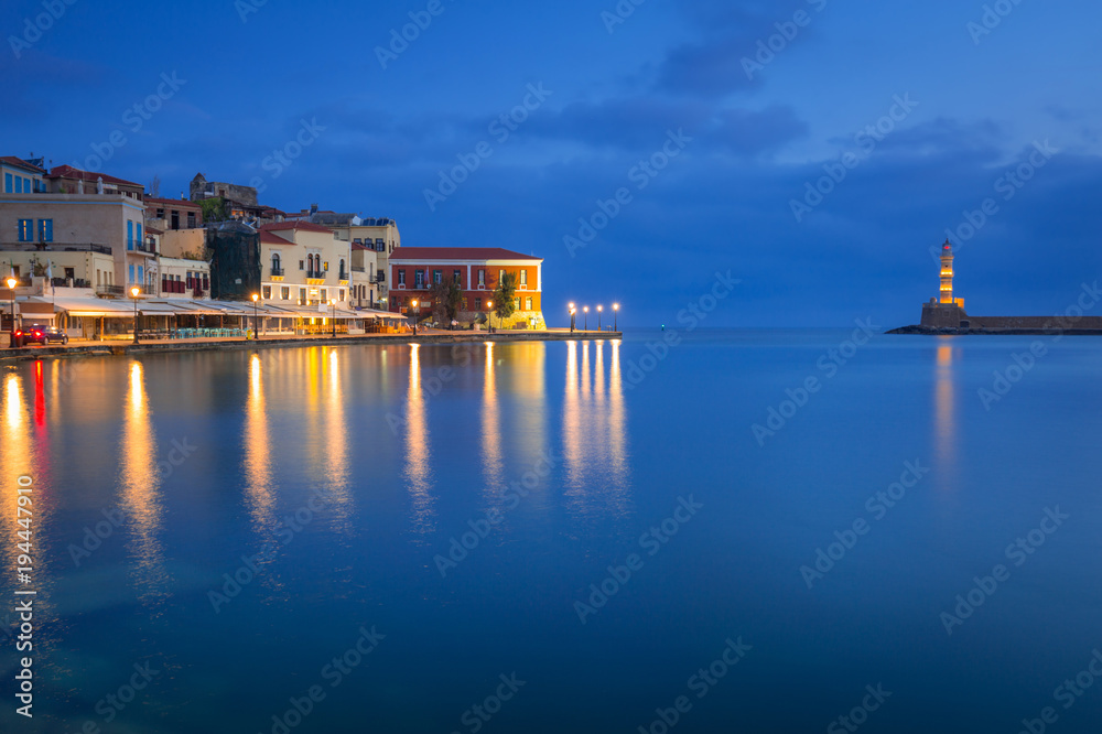 Architecture of Chania at night with Old Venetian port on Crete. Greece