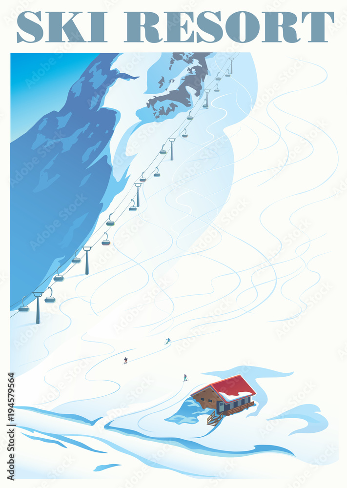 Winter landscape of a ski resort with mountains and a slope for skiing. Vector illustration.