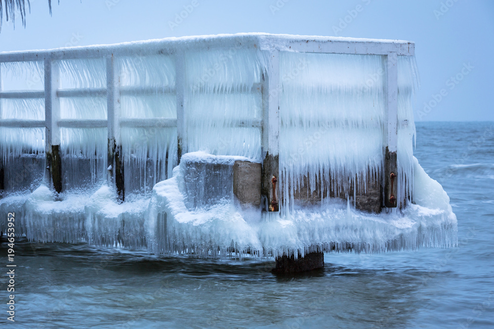 Frozen pier at Baltic Sea in Gdansk, Poland