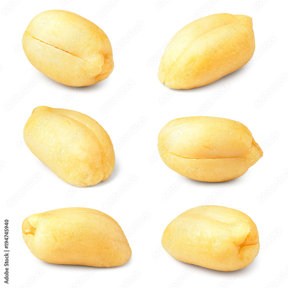 Peanuts. Peanut isolated on white background. Macro. Collection. Full depth of field.