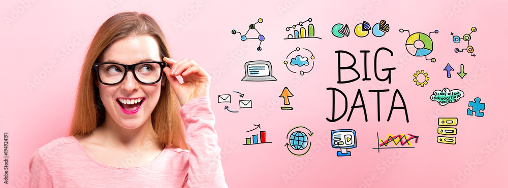 Big Data with happy young woman holding her glasses