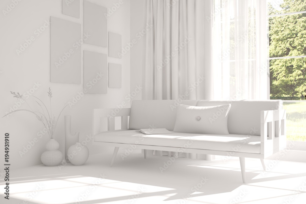 White room with sofa and green landscape in window. Scandinavian interior design. 3D illustration