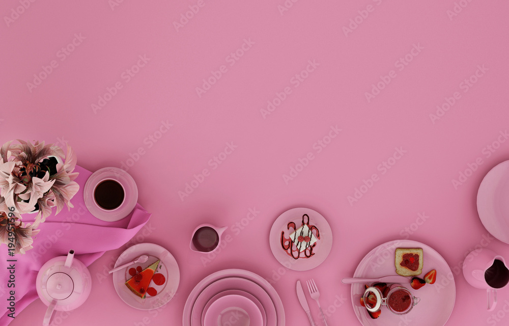 top view of food and drink on Tuesday ,pink background, dish food ,special menu