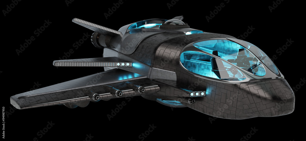 Futuristic spacecraft isolated on black background 3D rendering