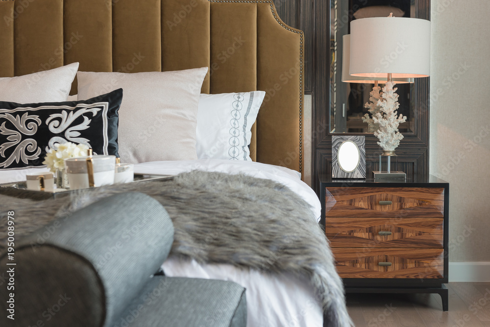 set of coffee cup on tray in classic master bedroom