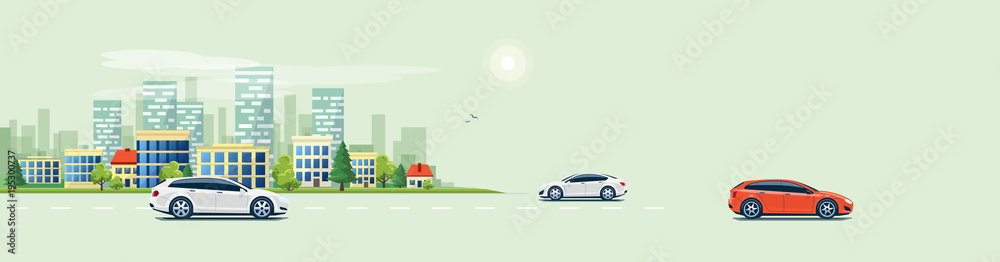 Flat vector cartoon style illustration of urban landscape road with cars, skyline city office buildi