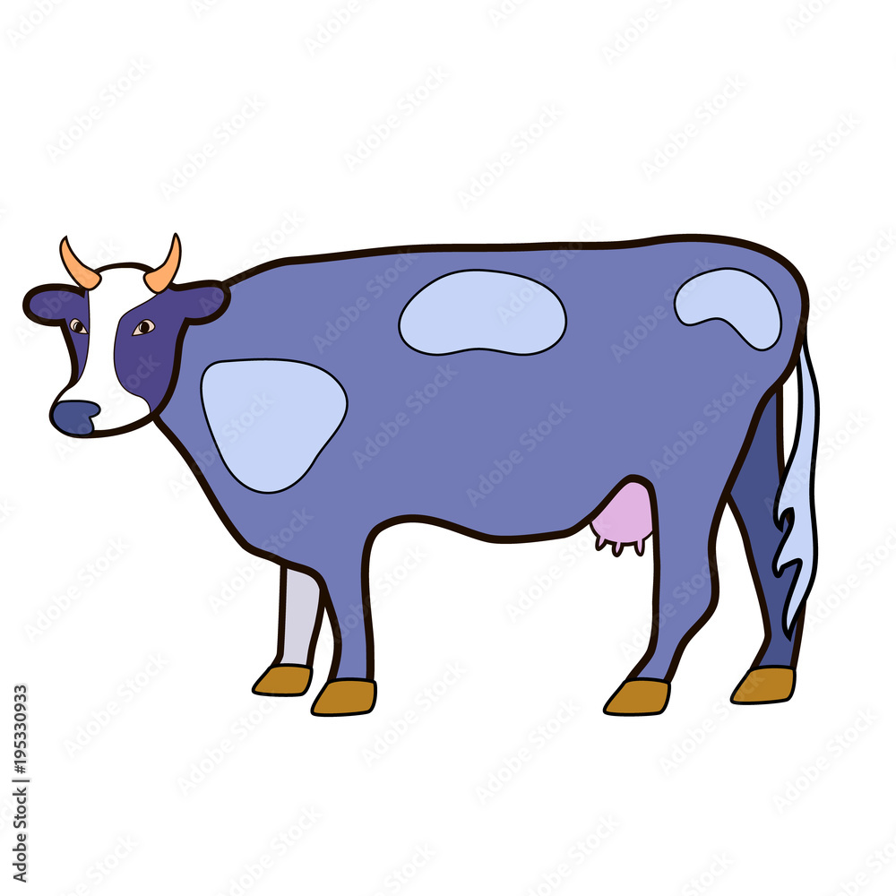 A cow with an udder. Illustration in purple tones. Isolated image on white background. Raster.