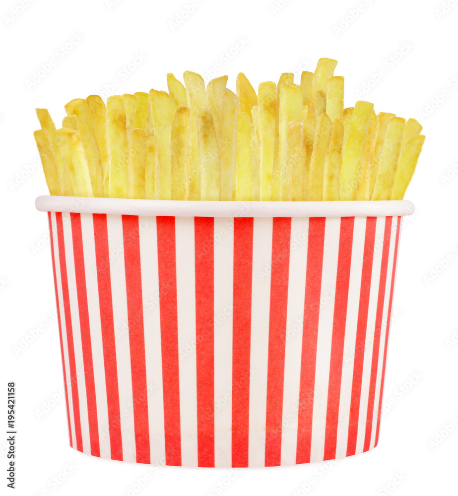 Perfect French fries potatoes in red and white stripes box huge bucket