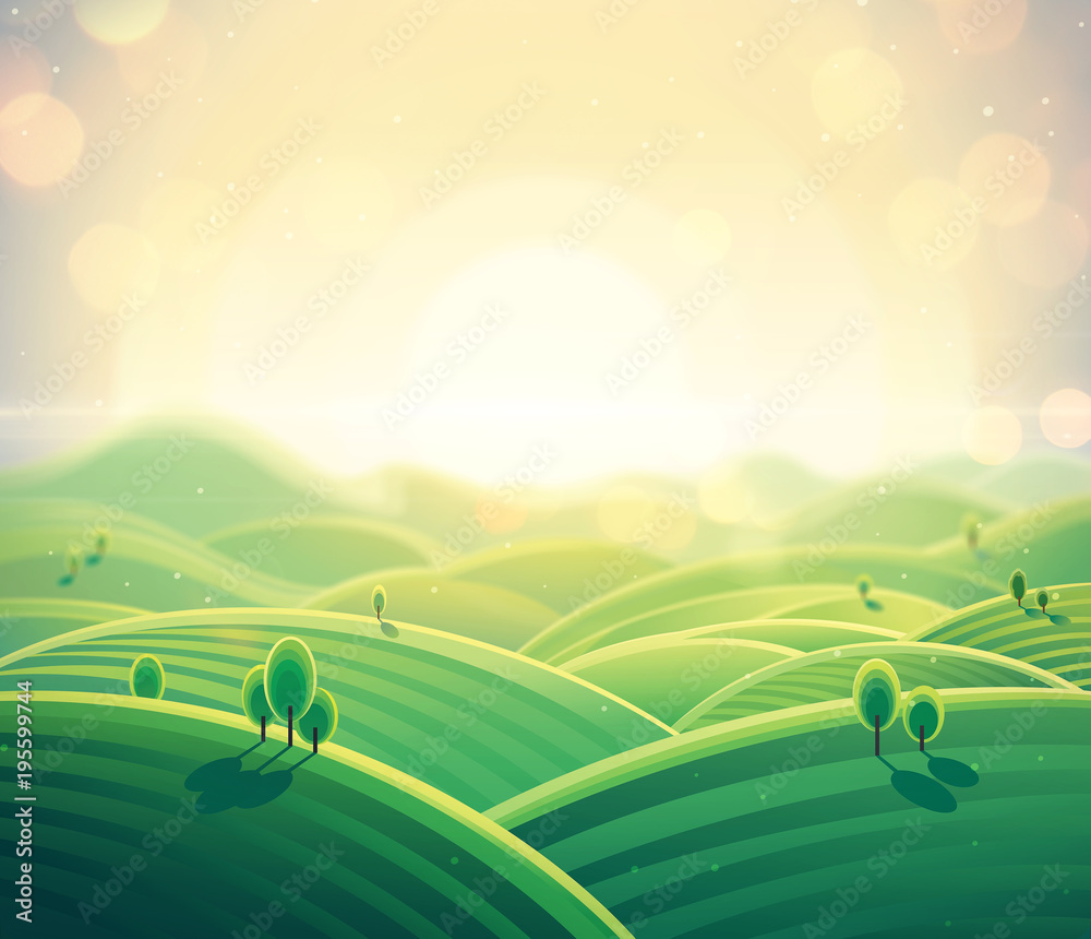 Morning rural landscape sunrise over hills. Raster illustration.