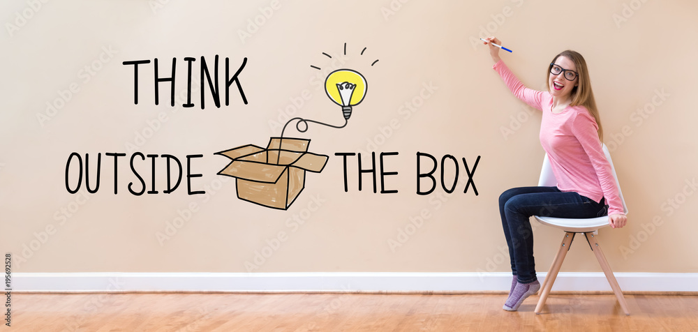 Think Outside The Box with young woman holding a pen in a chair