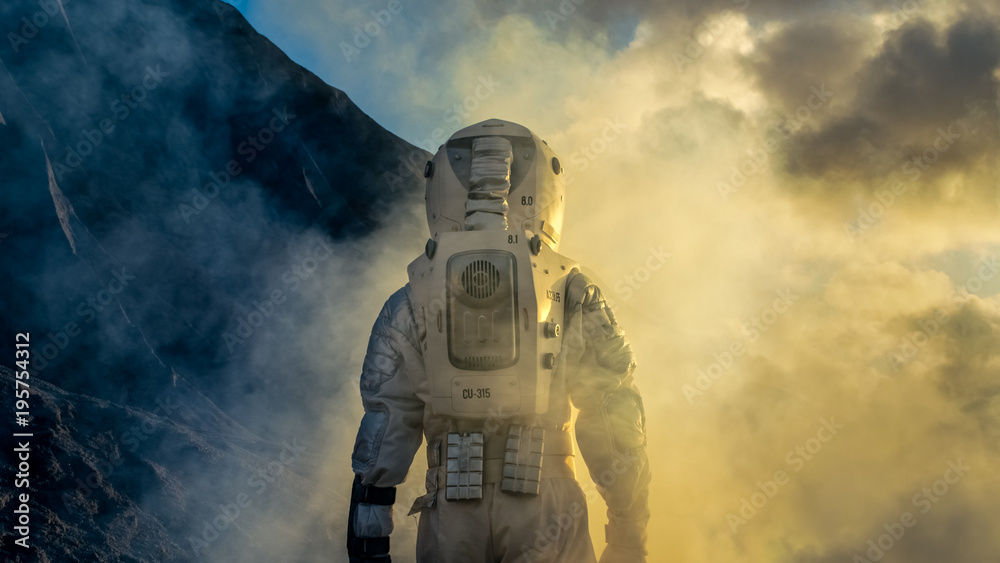 Courageous Astronaut in the Space Suit Explores Mysterious Alien Planet Covered in Mist. Adventure. 