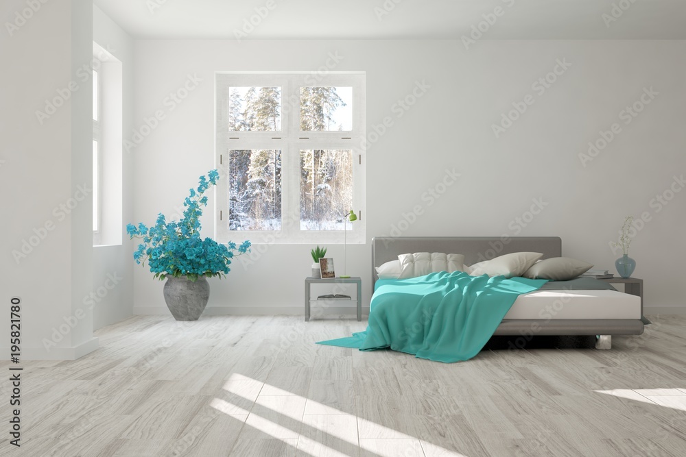 White bedroom with winter landscape in window. Scandinavian interior design. 3D illustration