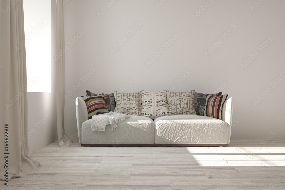 Idea of white minimalist room with sofa. Scandinavian interior design. 3D illustration