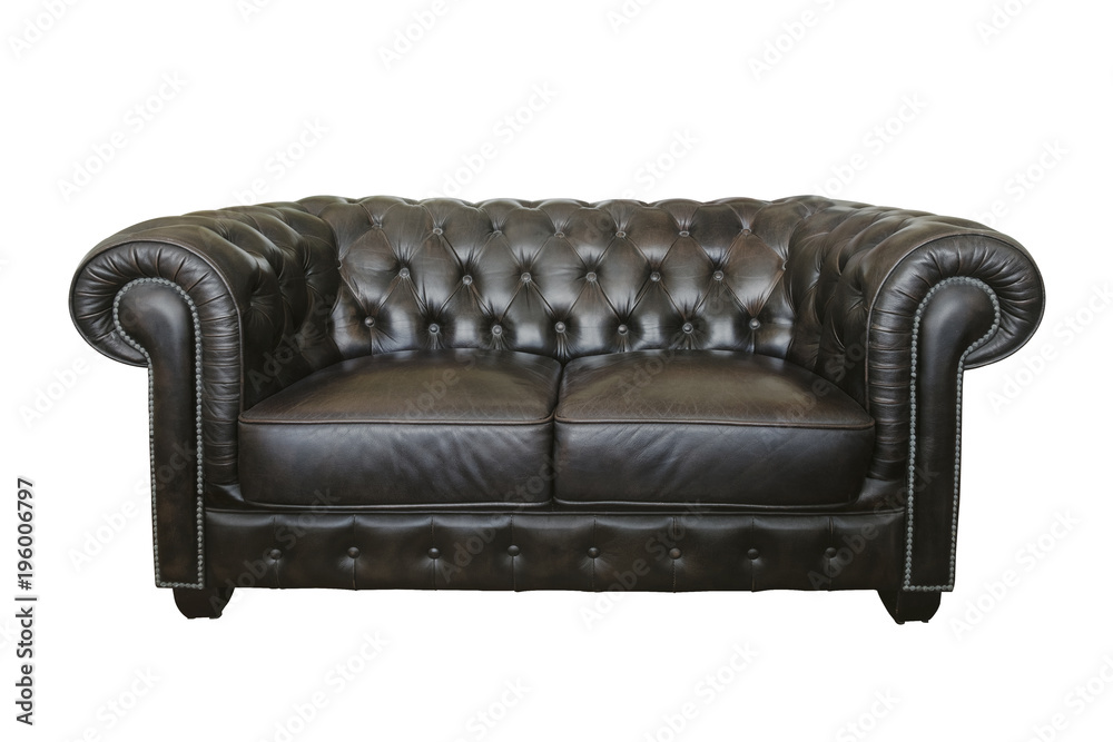 Dark brown old leather sofa isolated on white background