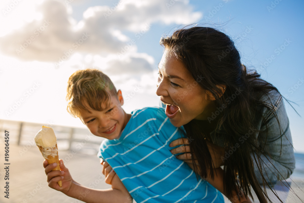 Mother and son enjoying vacation