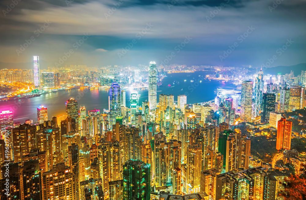 Amazing view on Hong Kong city skyline from the Victoria peak, China