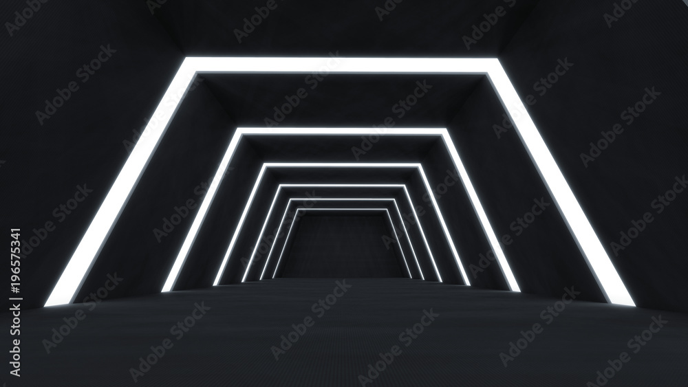 3D Render abstract and futuristic dark room empty space with glowing stripes light .